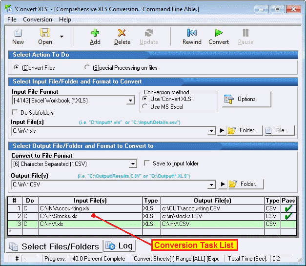 'Convert XLS' conversion task list highlighted